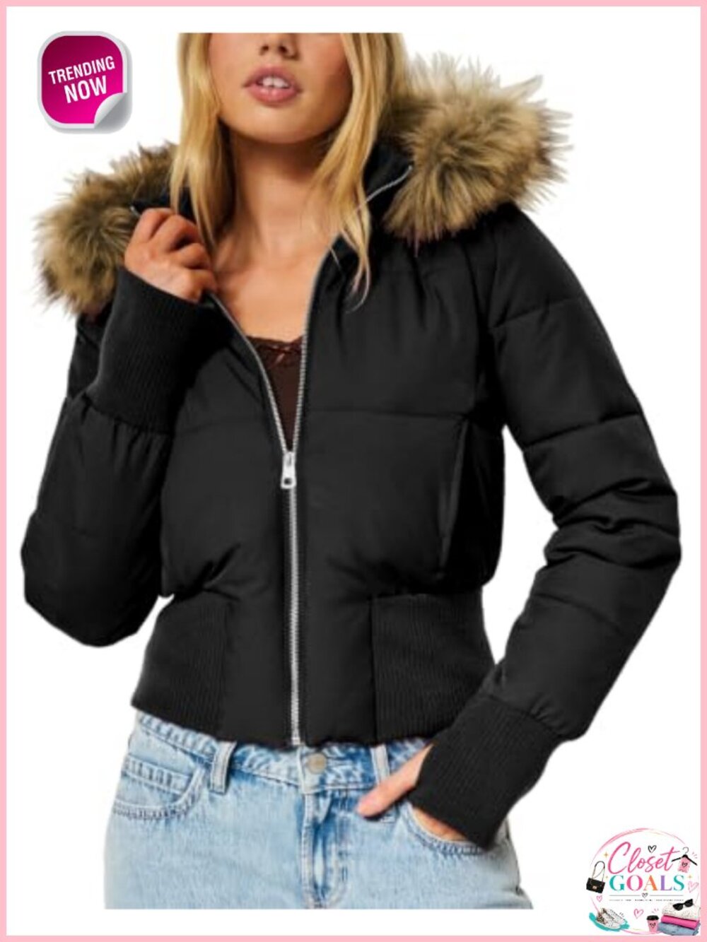 Faux Fur Trim Cropped Puffer Jacket Quilted Lightweight Winter Coat